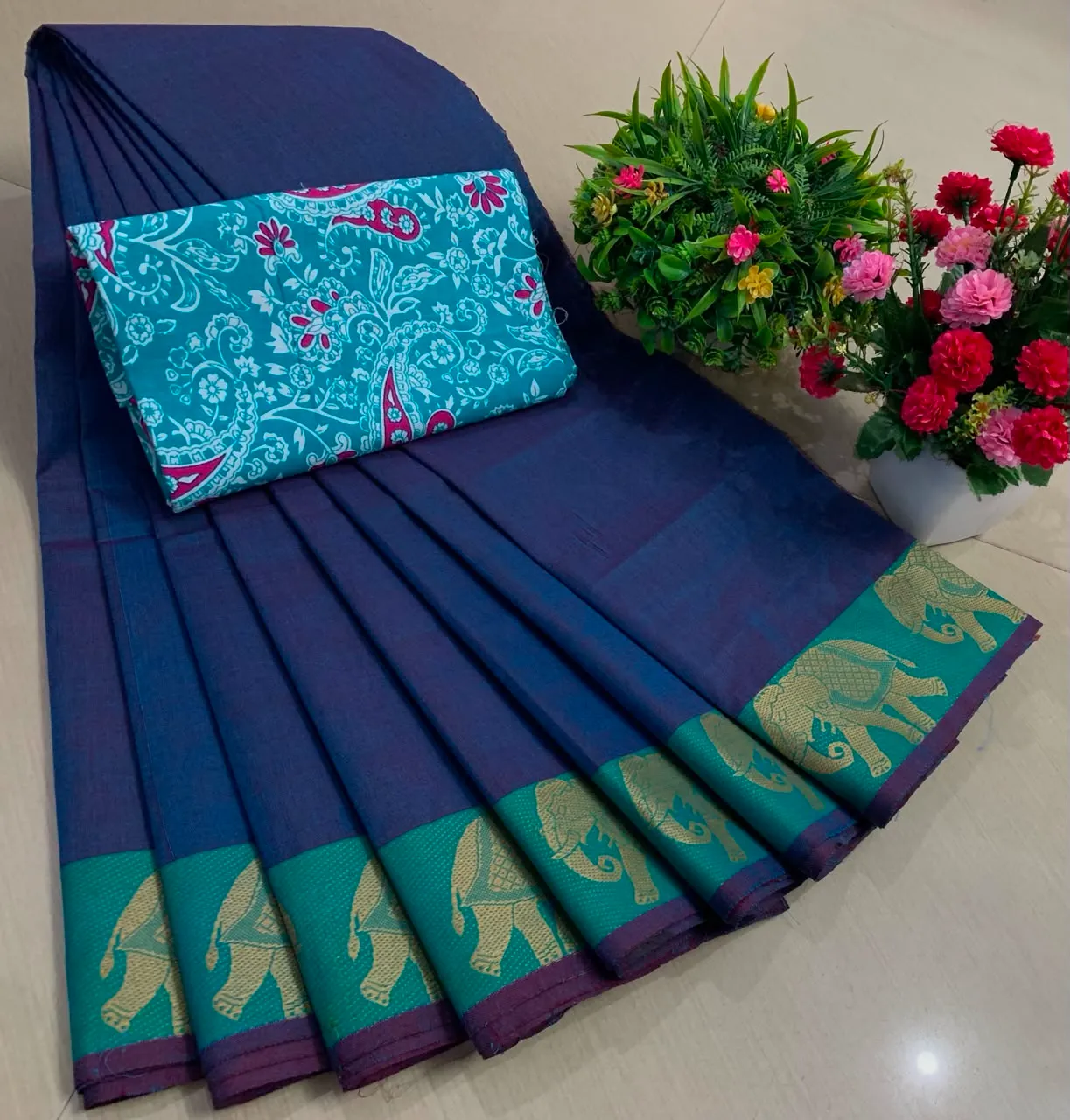 Aqua Blue Chettinadu Pure Cotton Saree with Kalamkari Blouse